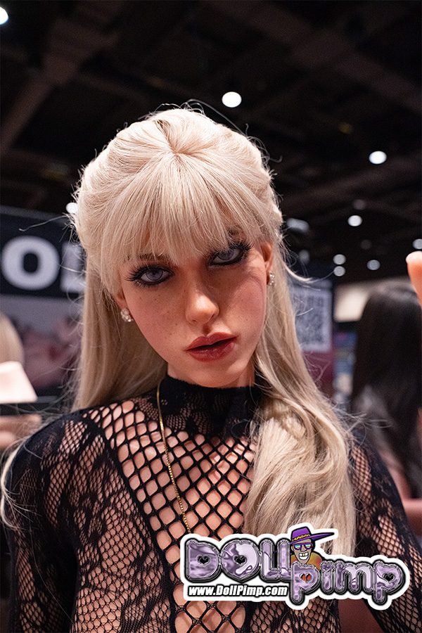 Close-up detail at the DollPimp booth during AVN Expo 2026 in Las Vegas.