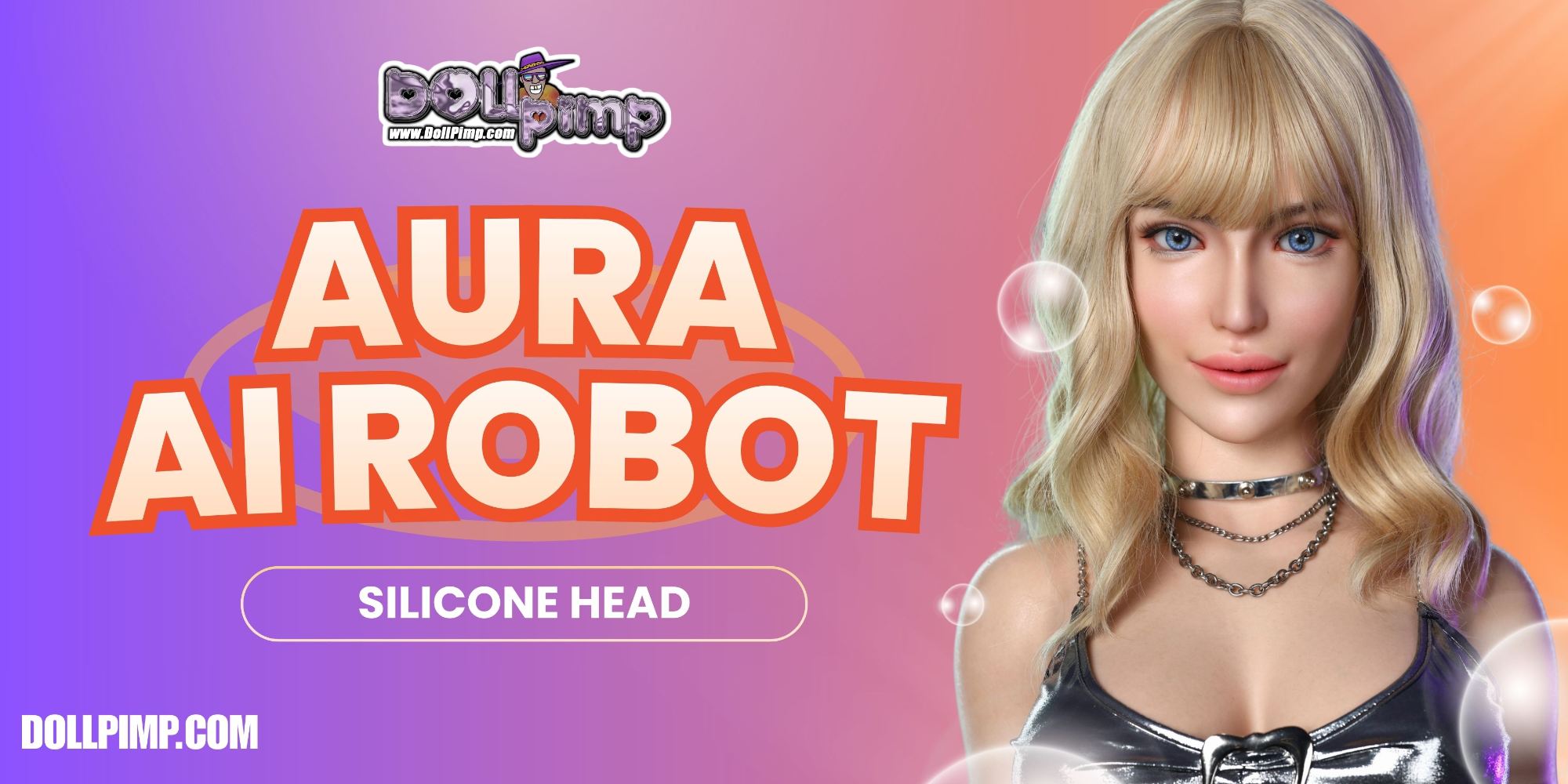 Jiggly Joy Aura AI Robot Head made of platinum silicone featuring lifelike facial expression and dynamic eye movement