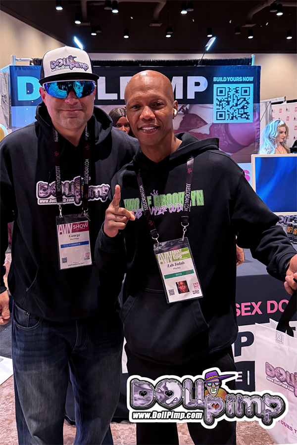 Zab Judah visiting the DollPimp booth during AVN Expo 2026 in Las Vegas.