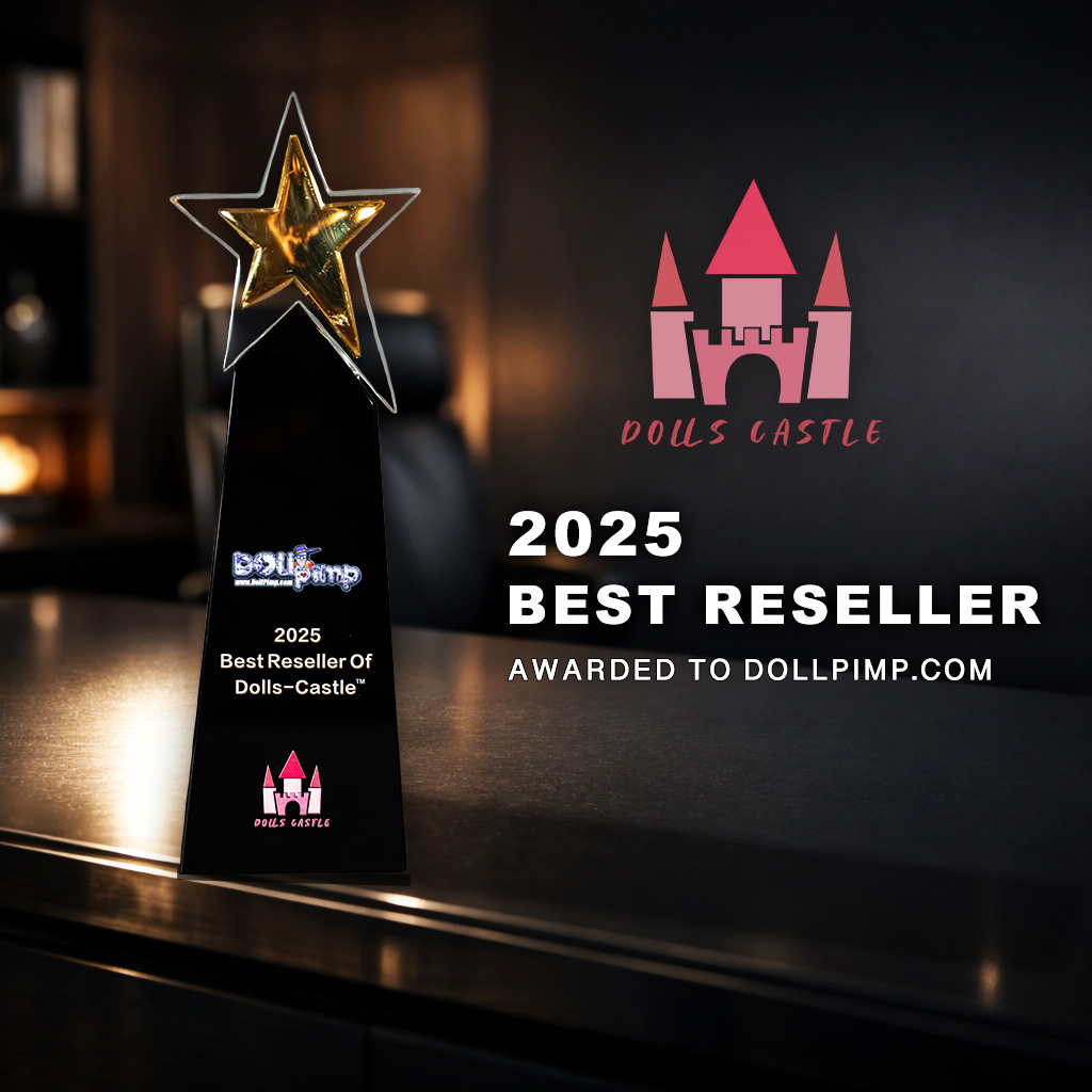 Dolls Castle Best Reseller 2025 award trophy presented to DollPimp displayed on desk with star design