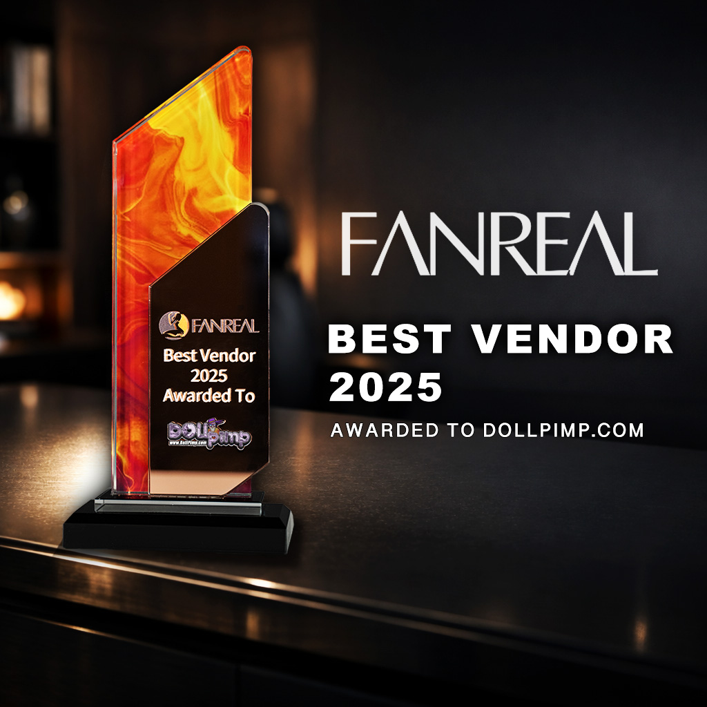 Fanreal Best Vendor 2025 award trophy presented to DollPimp displayed on desk with glowing acrylic design