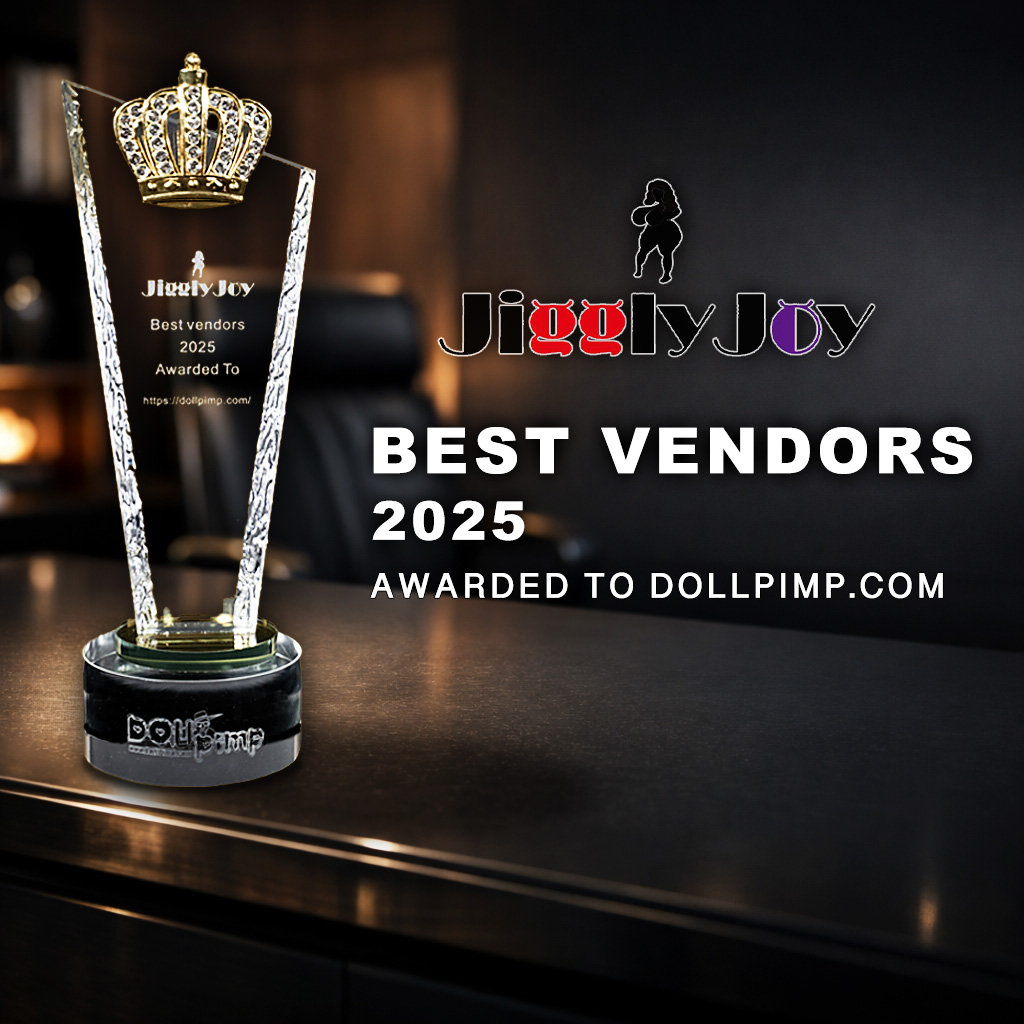 Jiggly Joy Best Vendors 2025 award trophy presented to DollPimp displayed on desk