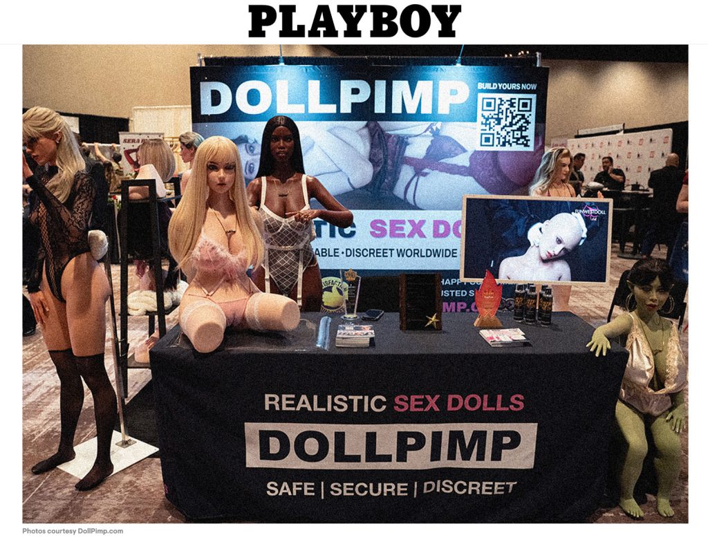 Screenshot of a Playboy article showing the DollPimp booth at the AVN Adult Entertainment Expo with caption “Photo courtesy DollPimp.com.”