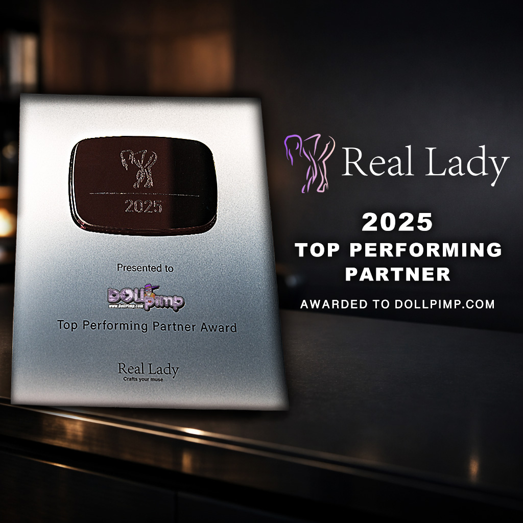 Real Lady Top Performing Partner 2025 award plaque presented to DollPimp displayed on desk