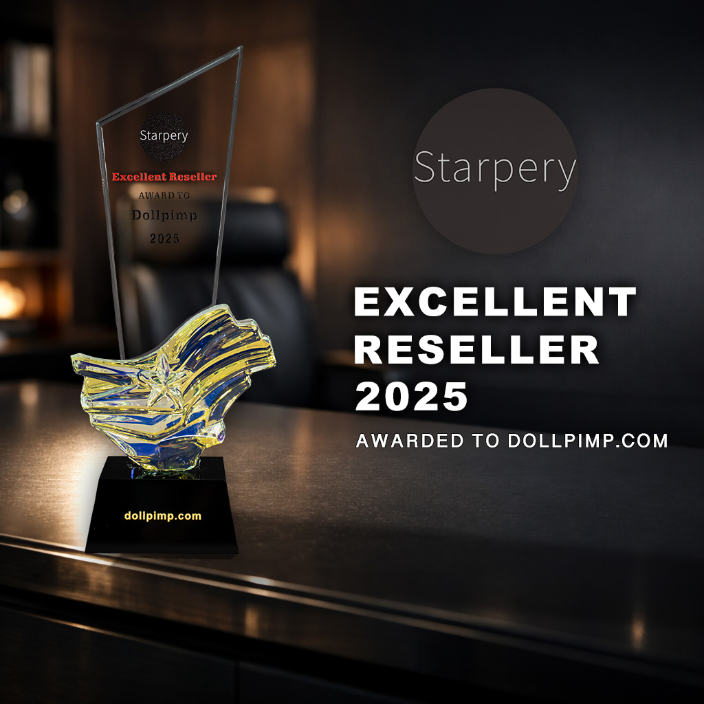 Starpery Excellent Reseller 2025 award trophy presented to DollPimp displayed on desk