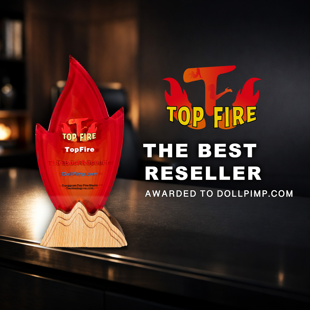 Top Fire Doll Best Reseller 2025 award trophy presented to DollPimp with red flame design on desk